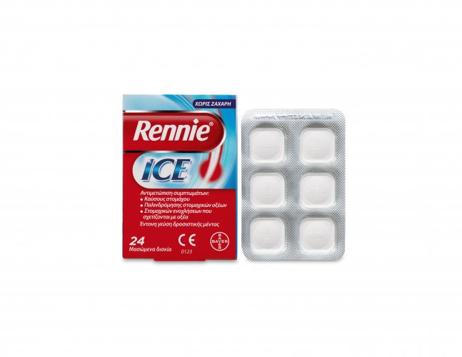 Rennie® Ice Αντιμετώπιση Συμπτωμάτων Καύσους Στομάχου/Γαστρικών Ενοχλήσεων - 24 Μασώμενα Δισκία Χωρίς Ζάχαρη